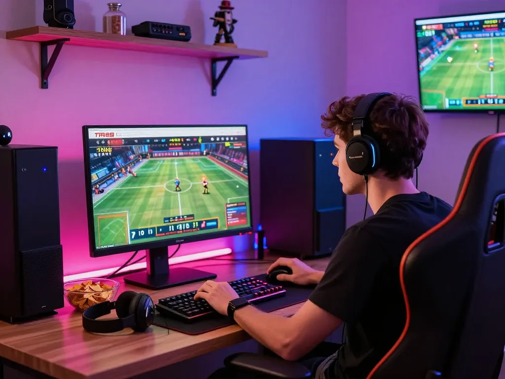 Engaged gamer enjoying TR88 online betting in a vibrant room with LED lights.