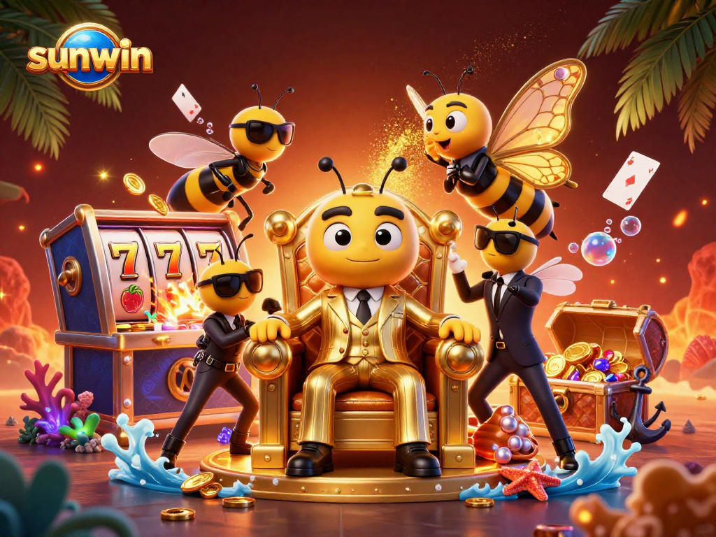 Win big at sunwin with a vibrant casino scene featuring bumblebee mobsters and slot machines.