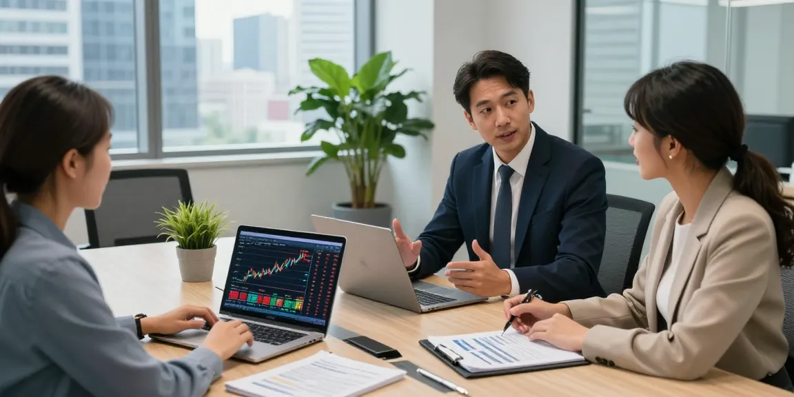 Financial advisor discussing ETF strategies with clients in a modern office.