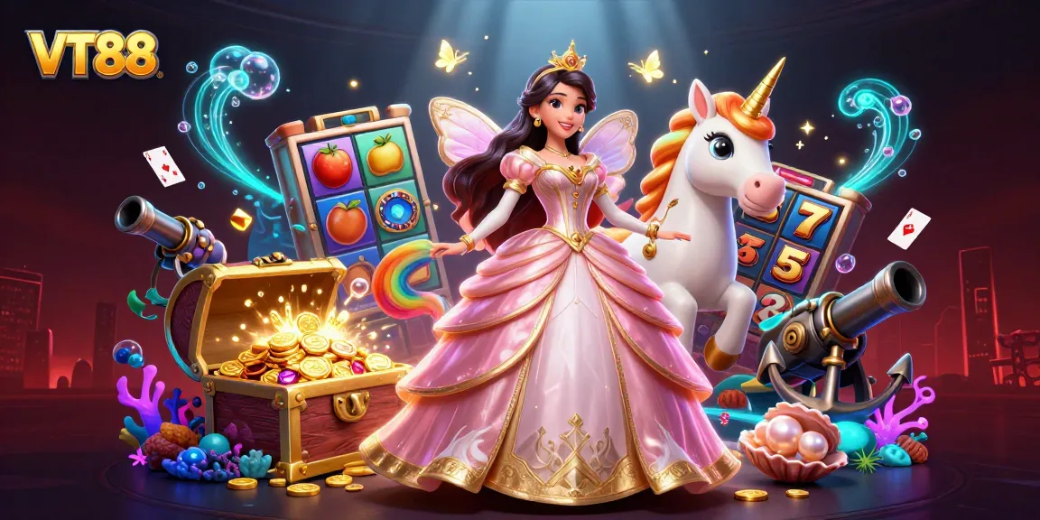 Engage with VT88's vibrant gaming experience surrounded by slot machines and enchanted visuals.