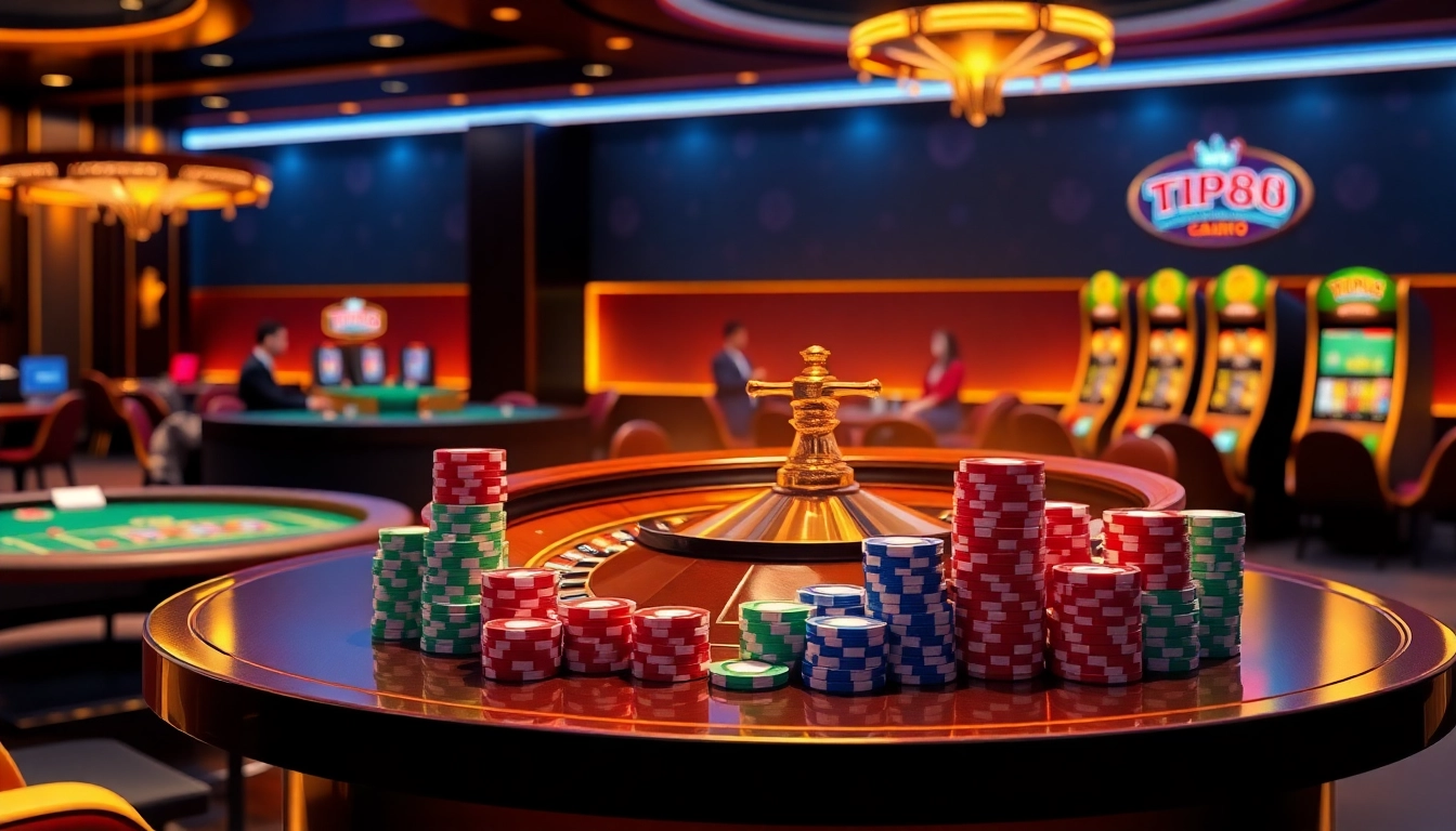 Experience the excitement of TIP88 with a vibrant casino scene featuring poker chips and roulette.