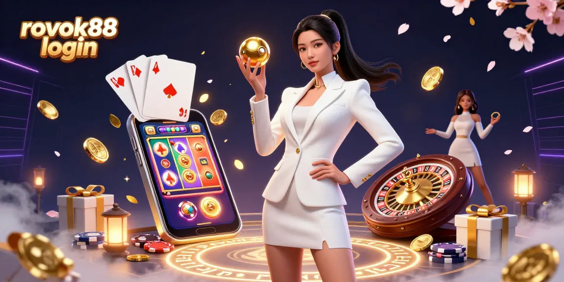 Engage with the vibrant scene showcasing rokok88 login amid a bustling digital casino atmosphere with coins and cards.