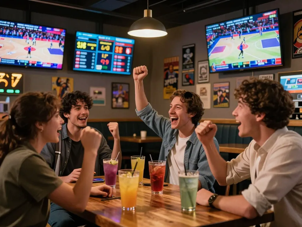 Friends engaged in sports betting excitement at HITCLUB, cheering for live games.