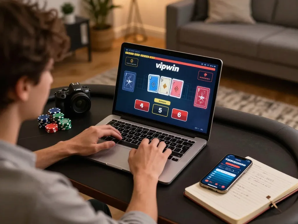 Engaging online poker gameplay on vipwin from a cozy home setup, showcasing strategy notes and laptop.