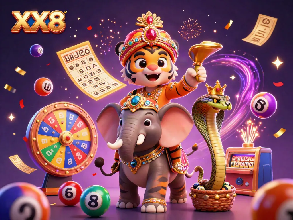 Experience thrilling gambling with XX8's vibrant online casino scene featuring a maharaja tiger and elephant