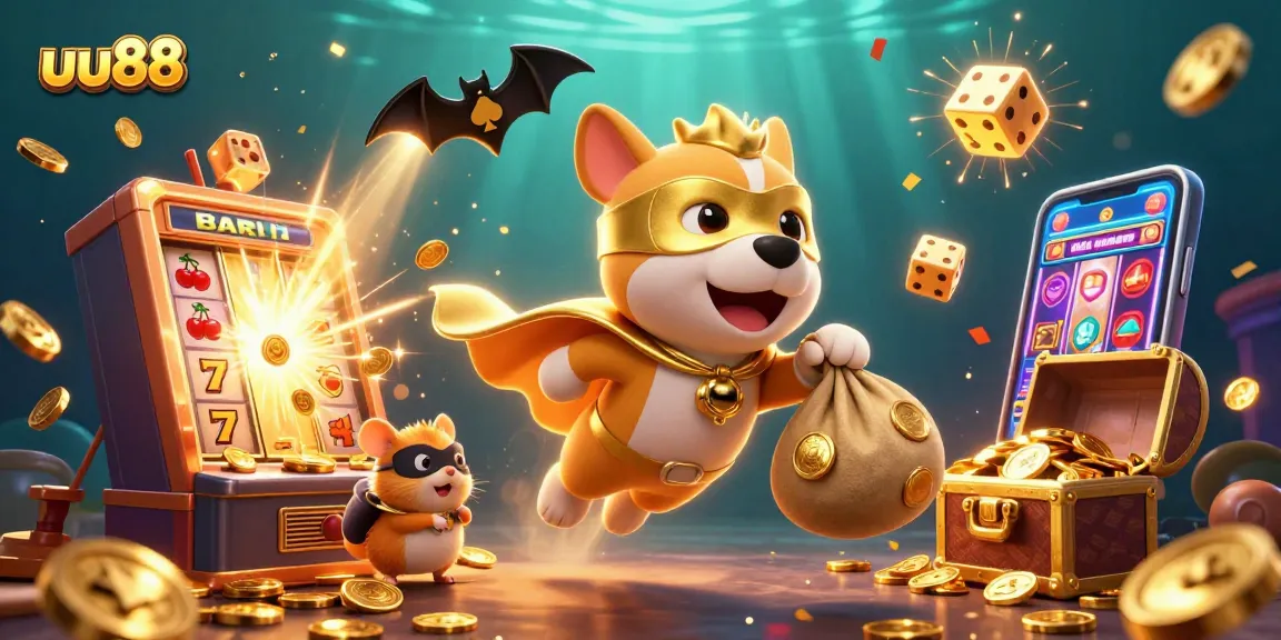 Engage with uu88, celebrating a thrilling jackpot with a superhero dog and hamster in a vibrant casino scene.