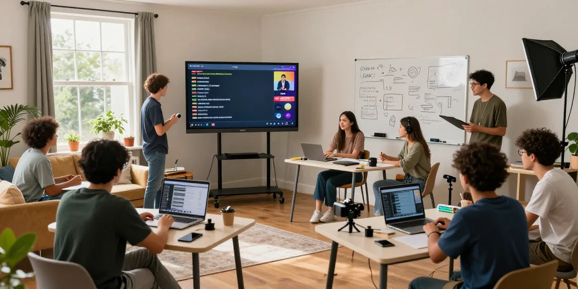 Young creators engaging in live streaming and workshops at the Streamer university, showcasing collaboration, learning, and vibrant atmosphere.