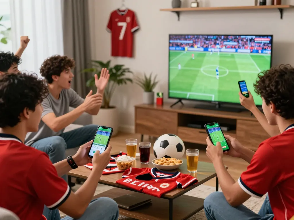 Friends engaging in Judi Bola betting while enjoying a football match, with snacks and excitement.