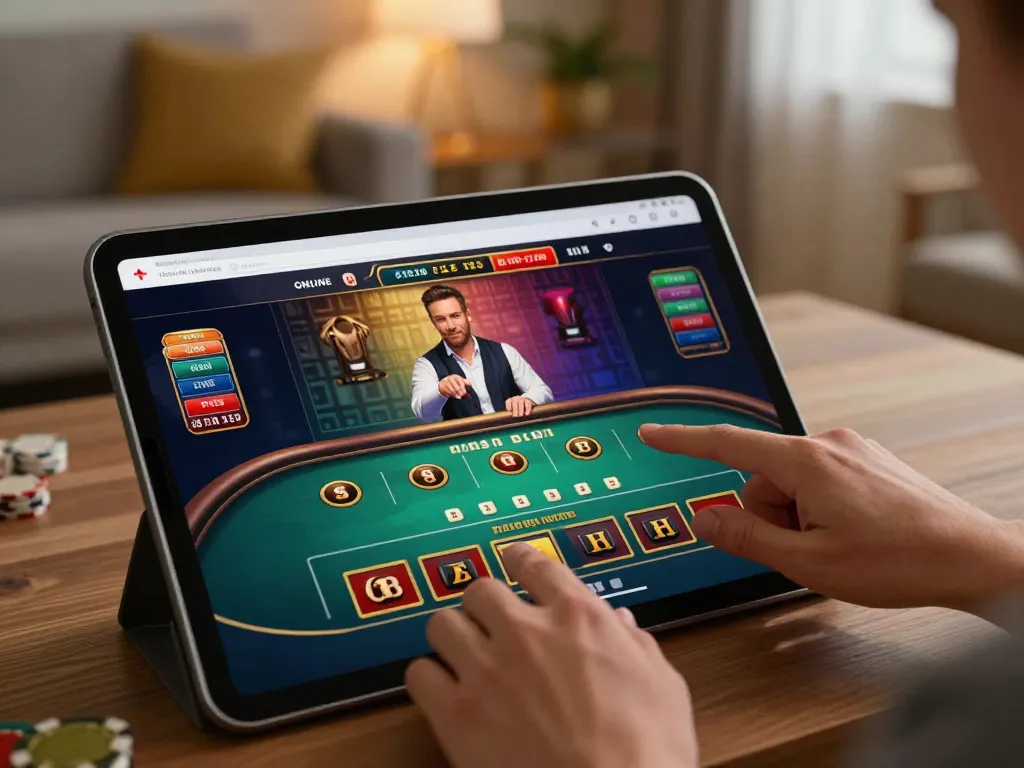 Player interacting with F168 online casino gaming interface on tablet in cozy home setting.