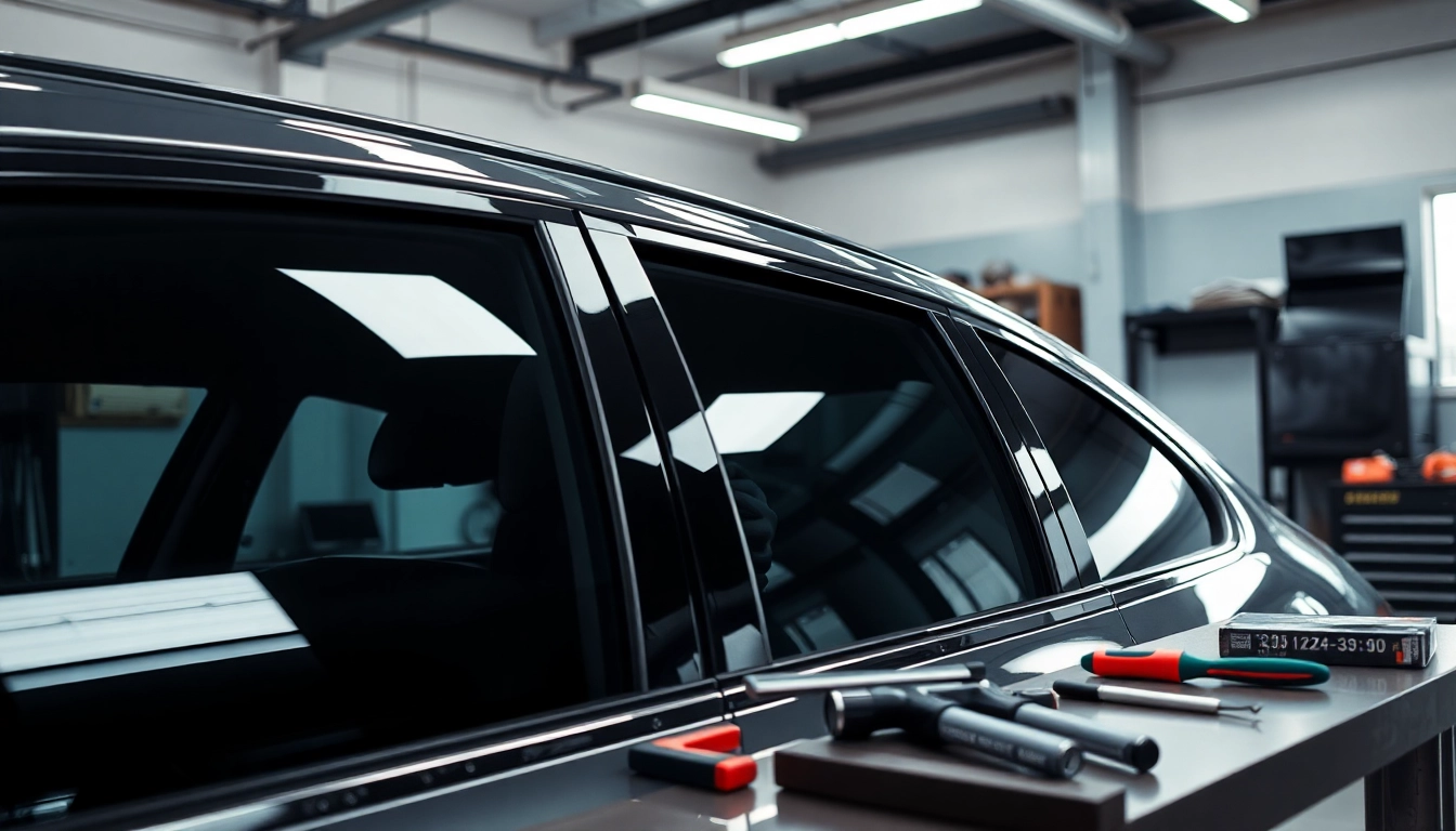 Apply window tint near me on a car at a professional auto shop, showcasing clear results.