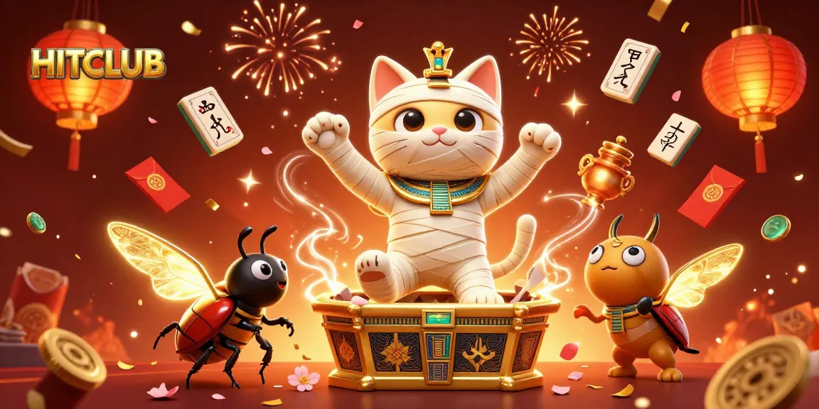 Play at HITCLUB to unlock excitement with a 3D mummy cat in a vibrant casino setting.