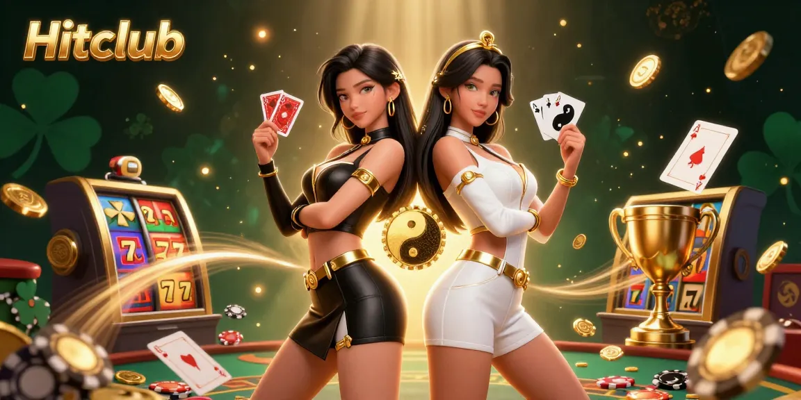 Hitclub showcases winning strategies with twin Asian women playing cards amid casino elements.