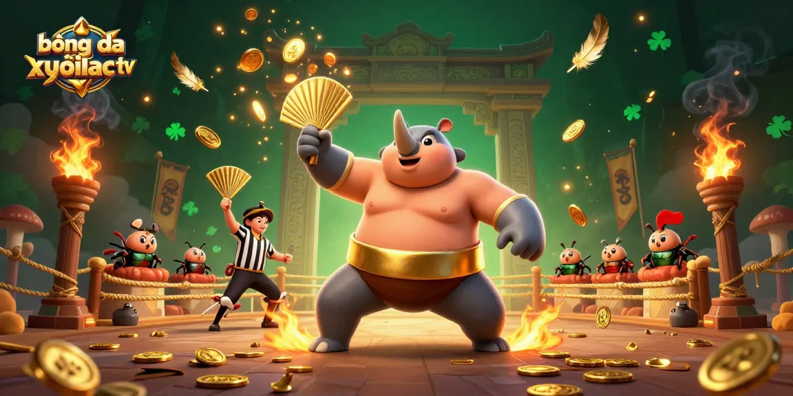 bóng đá trực tuyến xoilac tv showcases a dynamic 3D scene of a beetle sumo champion amidst swirling golden elements