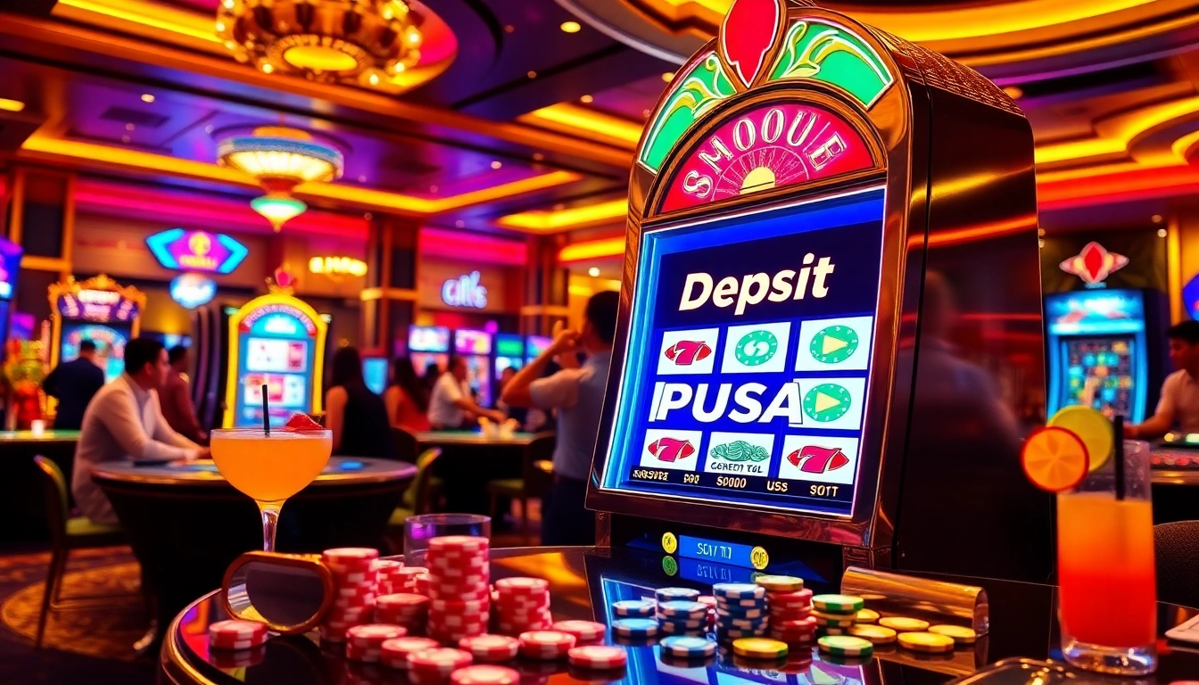 Experience slot deposit pulsa excitement with lively casino patrons celebrating wins at vibrant slot machines.
