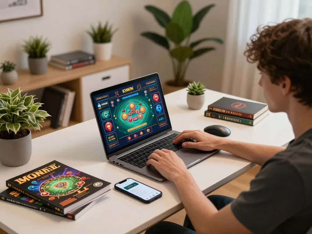 Player exploring gaming options at KKWIN app on a laptop in a cozy home office.