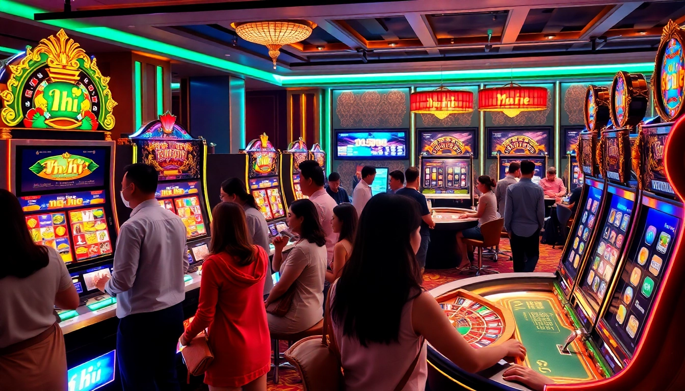 Spin the nổ hũ slot machine in a vibrant casino scene filled with excitement and luxury.