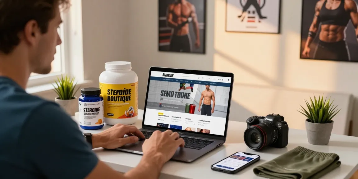 Steroide Boutique online shopping scene with fitness supplements and workout gear on display.