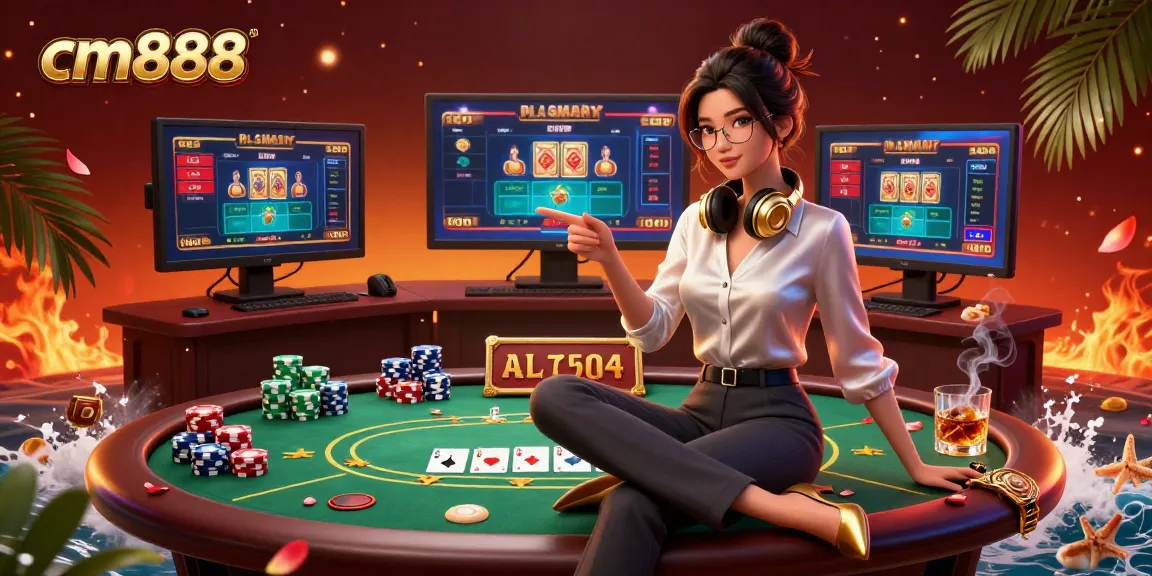 Experience the thrill of cm888 casino games at a high-tech gaming setup with poker elements.