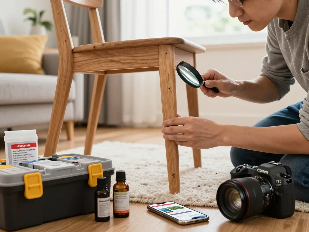 Scopri metodi efficaci per eliminare i tarli del legno come eliminarli a casa, con un proprietario che ispeziona i mobili in legno.