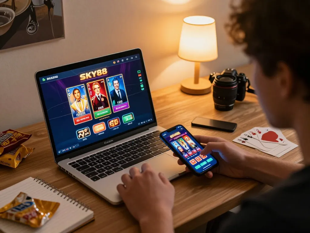 Engaging with the SKY88 app on a laptop and smartphone for online casino gaming.