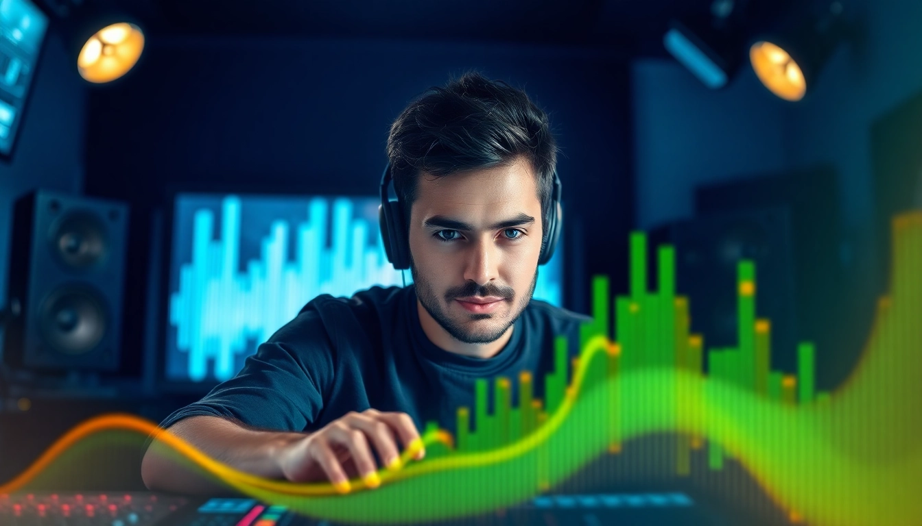 Engineer working on online audio mastering at a studio console with vibrant soundwaves.