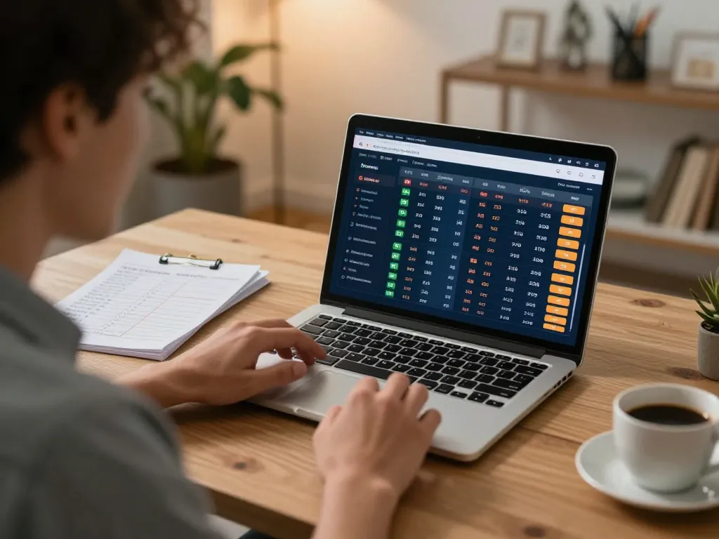 TOPBET player analyzing sports odds using laptop, demonstrating strategic betting approach in a cozy home office