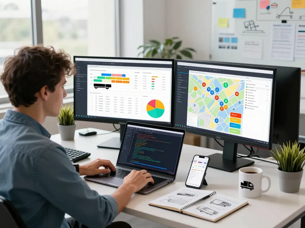 Go99 optimization scene with a developer analyzing freight logistics software on dual monitors in a modern office.