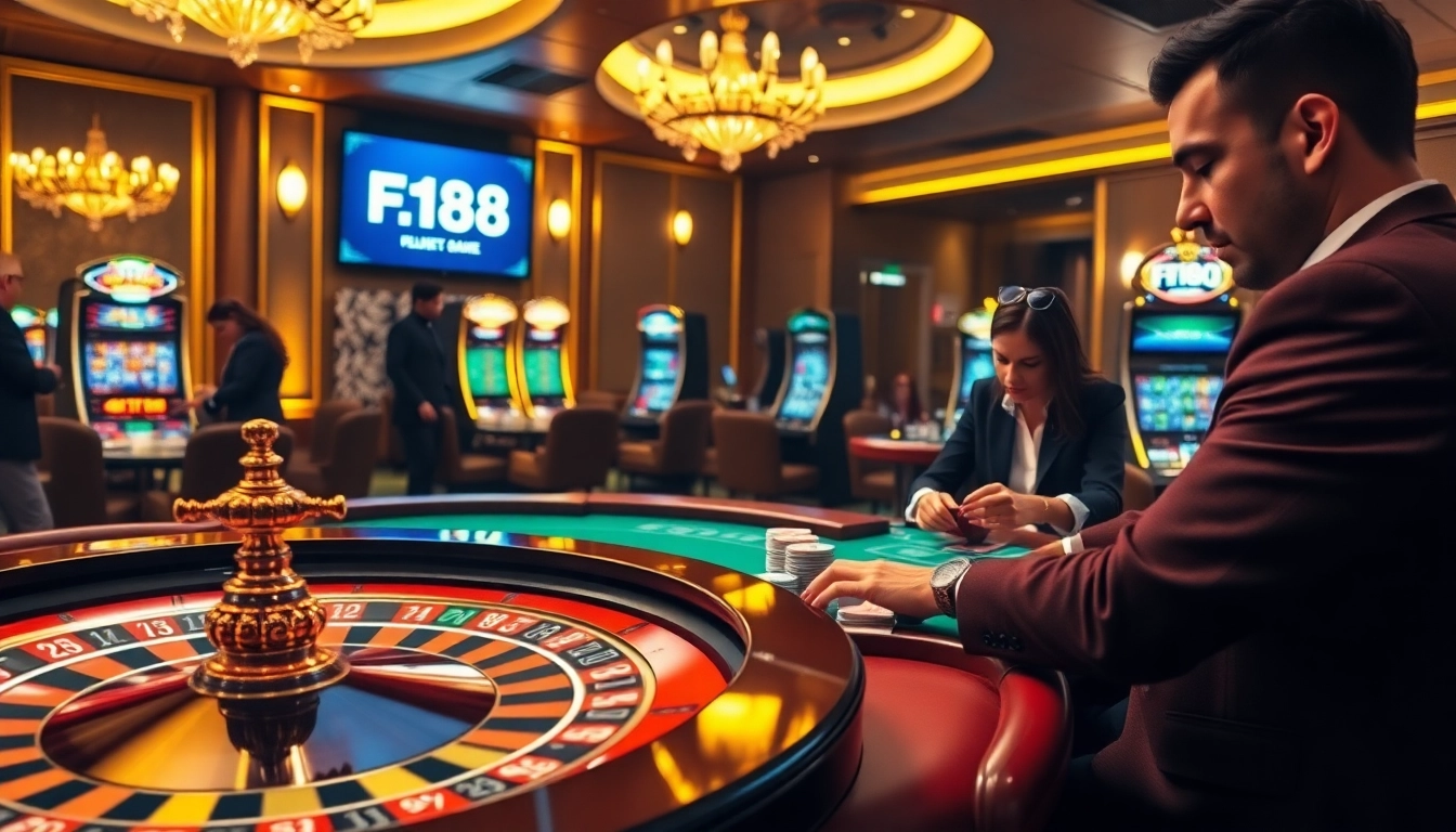 F168 players strategizing at a luxury poker table with vibrant casino elements.