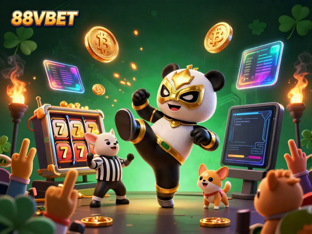 Experience the thrill of 88VBET with a vibrant 3D scene of a panda wrestler and animal fans, celebrating wins with slots and crypto elements.