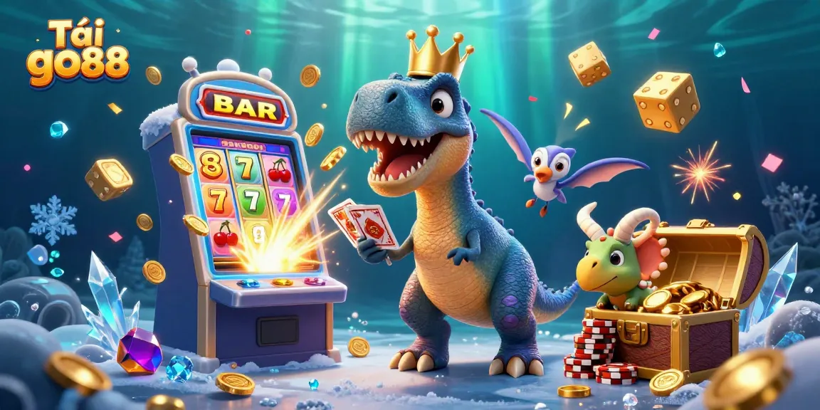 Experience the thrill of Tải go88 with a playful scene of a T-Rex, pterodactyl, and triceratops enjoying casino games amidst a gold explosion.