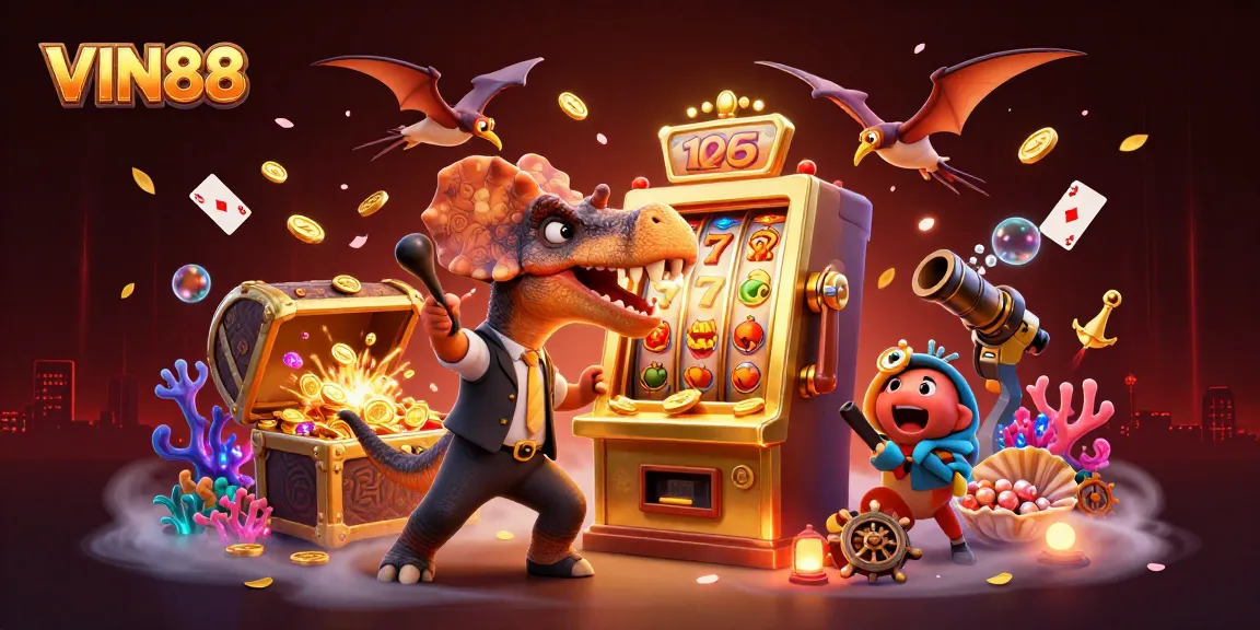 Experience VIN88 as a colorful 3D illustration featuring animated dinosaur characters winning jackpot coins.