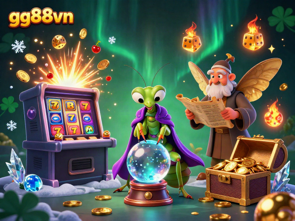 Experience the excitement of gg88vn with vibrant casino elements and mystical characters in this dynamic 3D illustration.