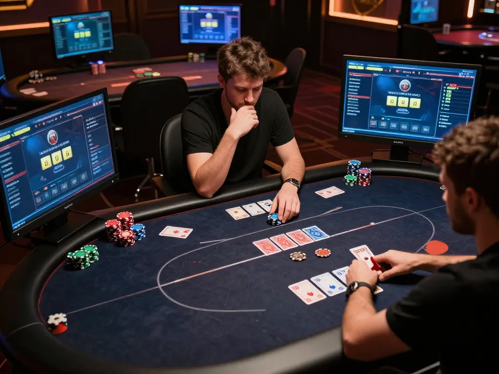 FC88 player contemplating strategy in an online poker game, showcasing strategic gameplay.
