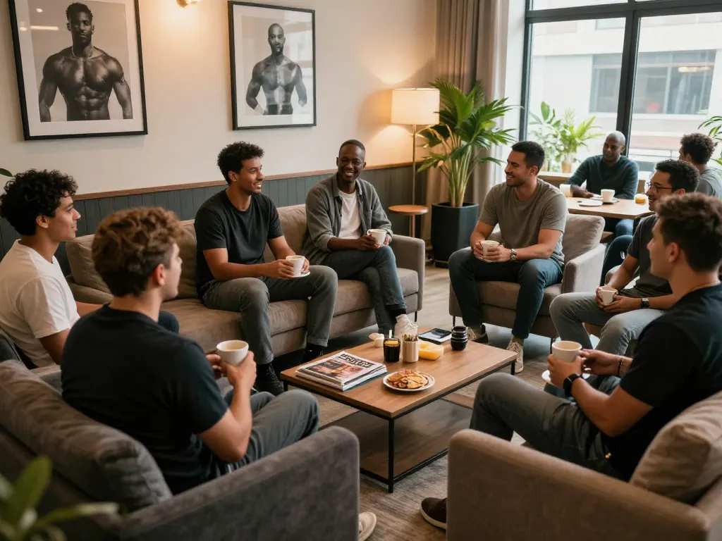 Gathering at a man club focused on connection and wellness, diverse individuals engaging in meaningful conversation.