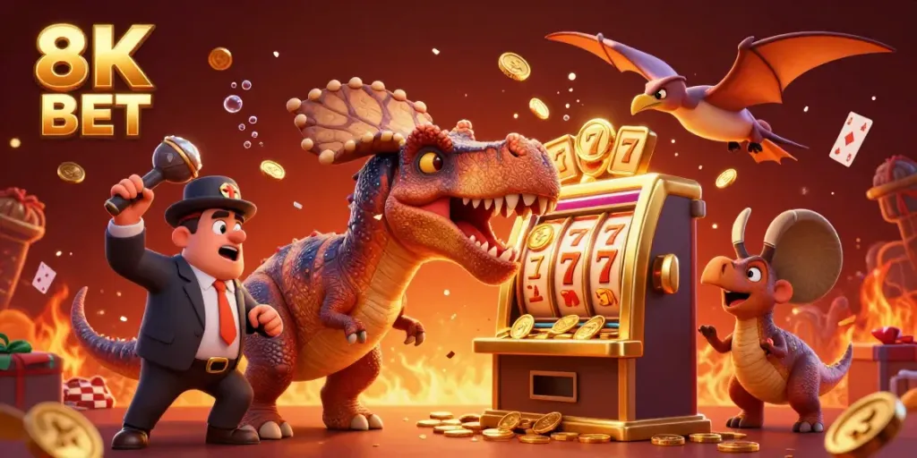 Engaging 3D scene of a pachycephalosaurus celebrating a jackpot win at 8K BET with coins flying around.