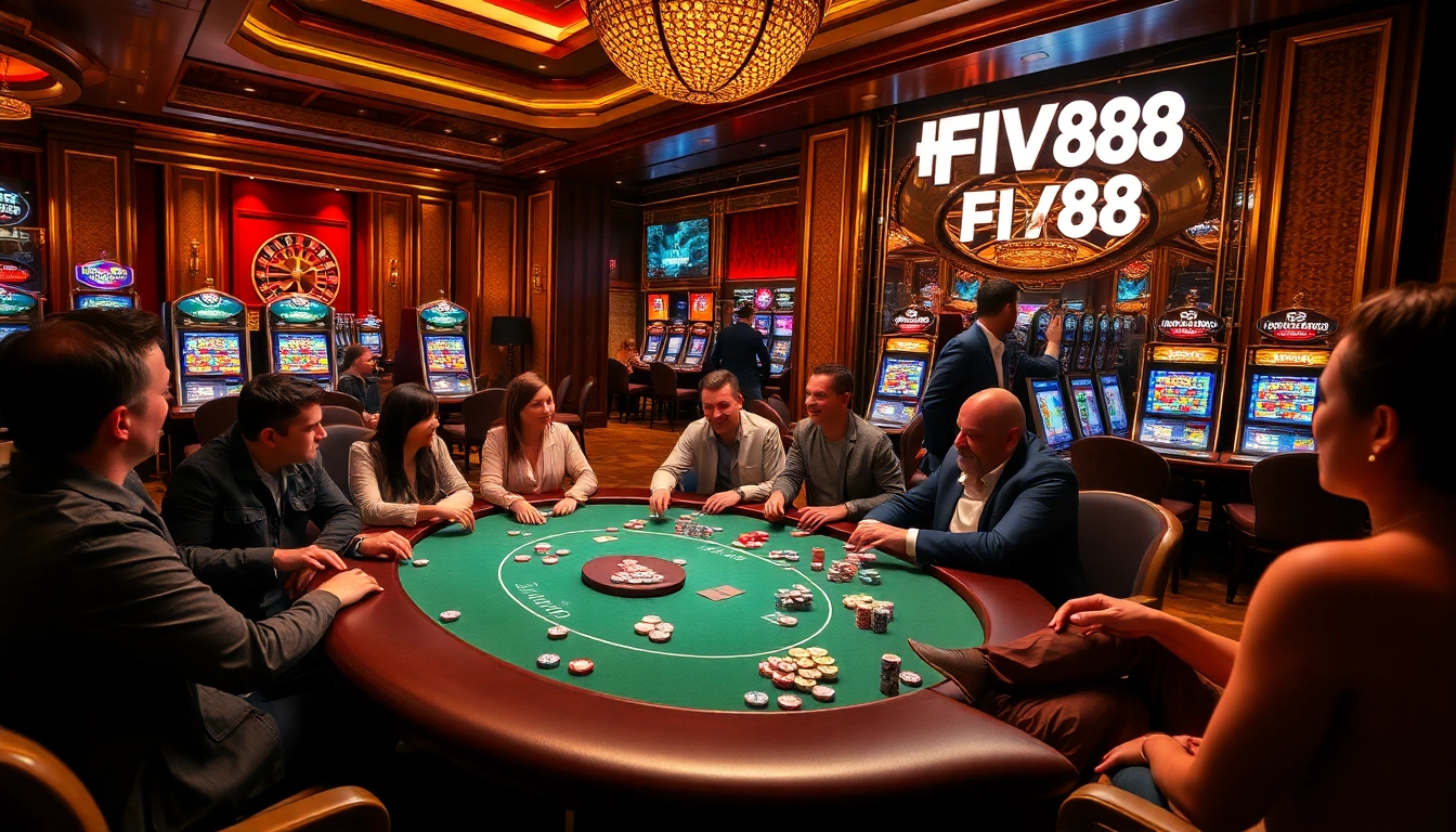 Players experience thrilling gameplay at FIVE88 casino with vibrant poker tables and slot machines.