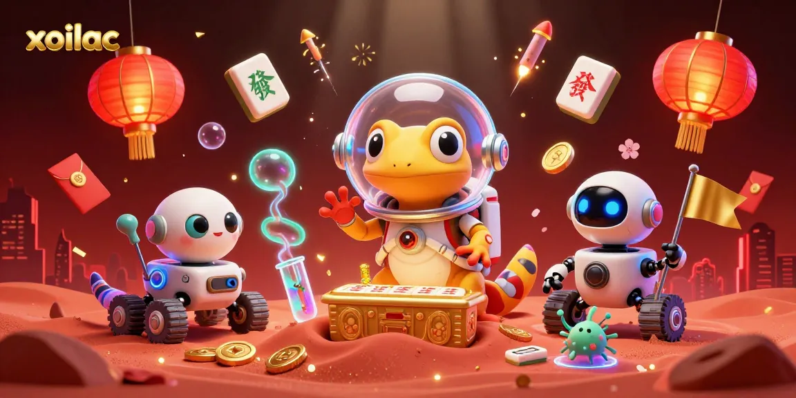 Xoilac showcases an exciting scene with a Martian gecko finding a golden casino, amid vibrant gambling elements.