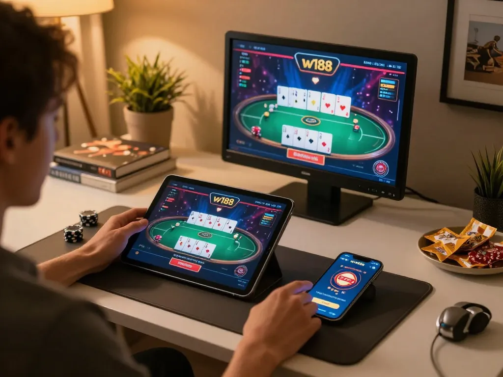 w188 bet action on a tablet with poker graphics visible, cozy gaming setup at home, highlighting strategic gameplay atmosphere