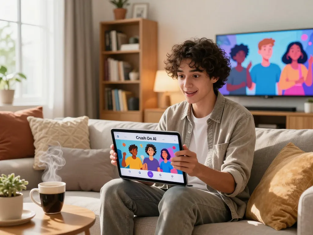 Engaging interaction with Crush on AI in a modern living room environment filled with cozy decor and colorful animations.