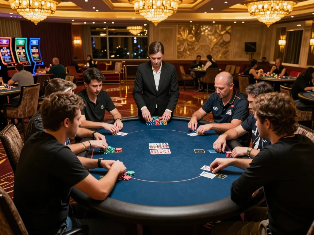 Engaged players strategizing in a high-stakes poker game at a luxurious casino showcasing winning tactics and excitement around DA88.