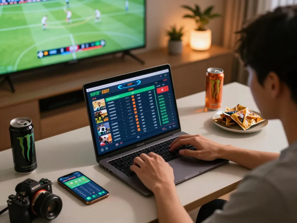 Placing sports bets on FABET with live match stats displayed on a laptop, creating an engaging betting atmosphere