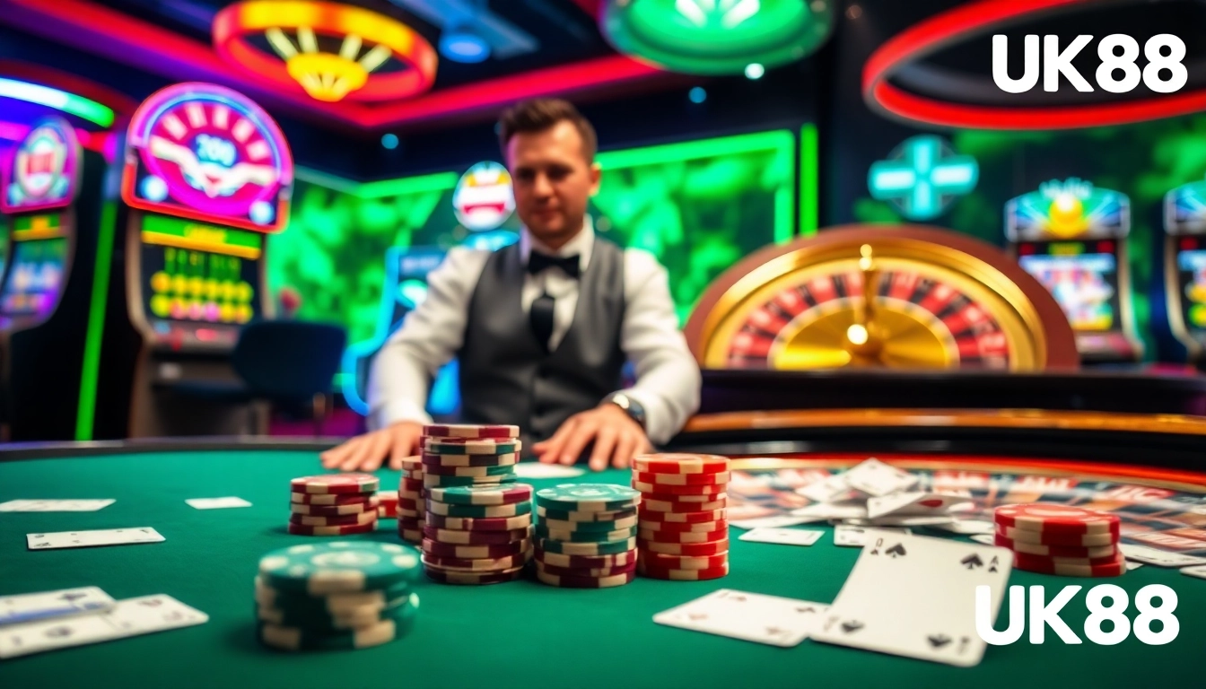 Exciting gameplay at UK88 with professional dealer, poker chips, and roulette action