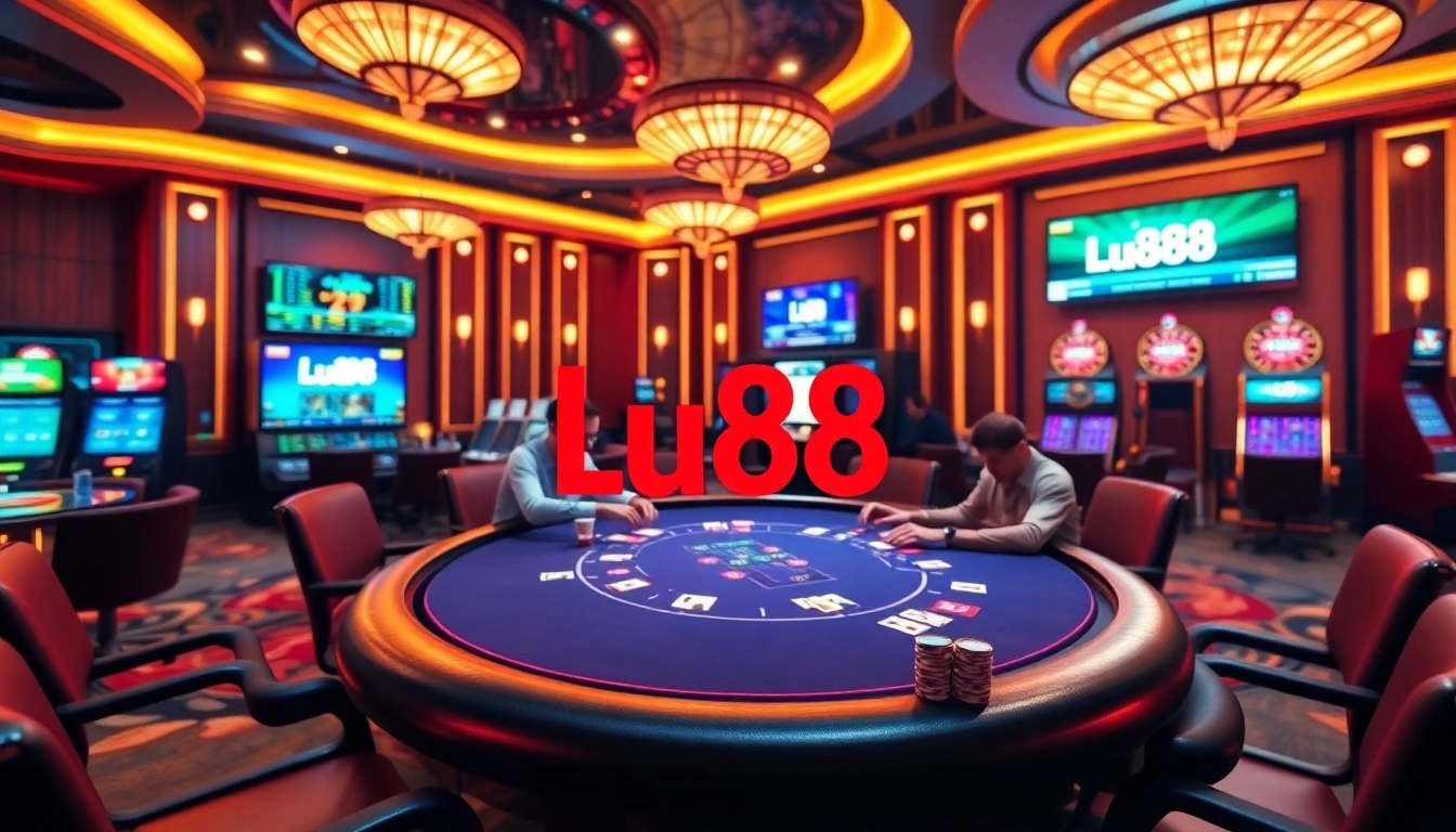 Experience the thrill of gambling at Lu88 with intense poker action and vibrant casino elements.