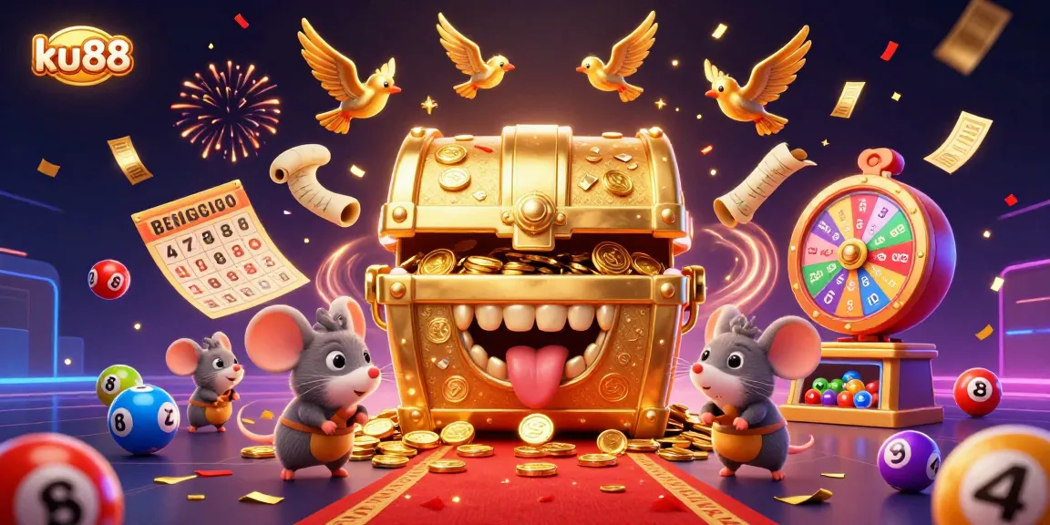 ku88 offers a vibrant dynamic scene with adventurous mice and a golden treasure chest in a casino-themed illustration.