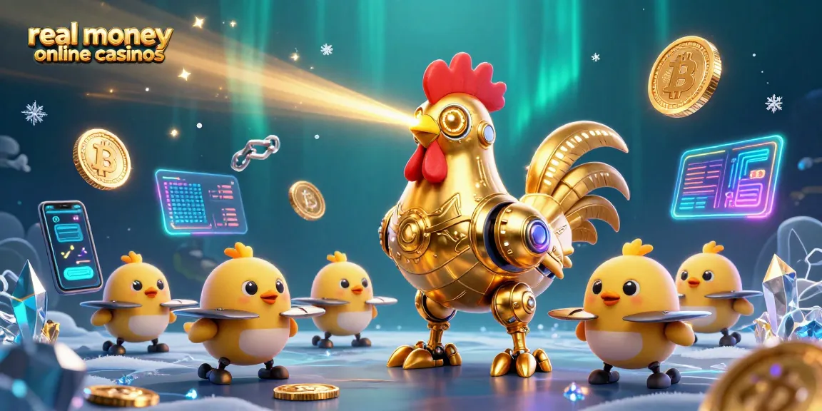 Engage in real money online casinos with a vibrant and immersive 3D illustration featuring crypto elements.