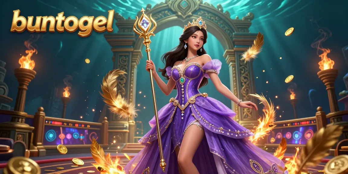 Buntogel presents a vibrant casino scene featuring Asian princess and dynamic gaming elements amidst a royal backdrop.