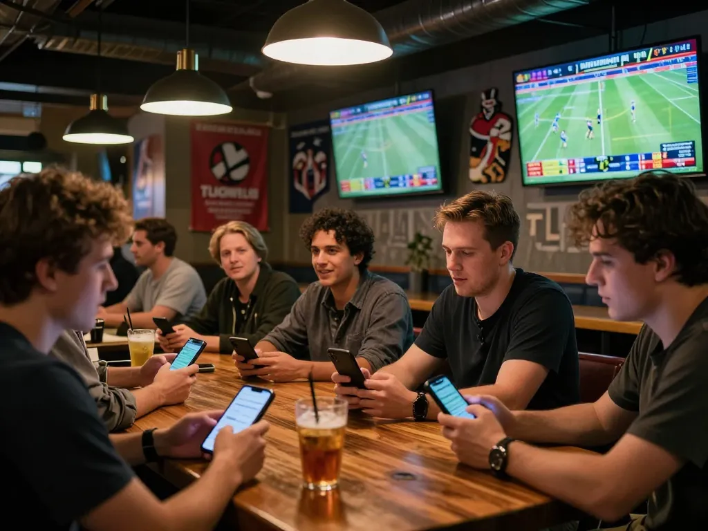 Exciting sports betting atmosphere at nhà cái 88VV, with friends placing bets during live sports event.