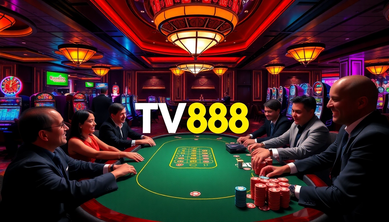 Experience high-stakes gaming at TV88 with vibrant casino tables and poker players in action.