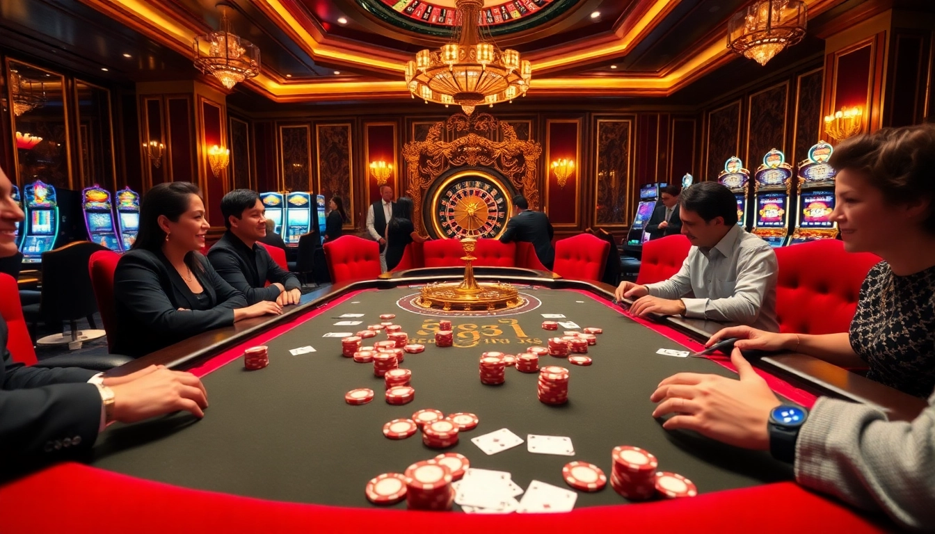 Players engaged at the go99 gaming table, surrounded by vibrant poker chips and a roulette wheel.