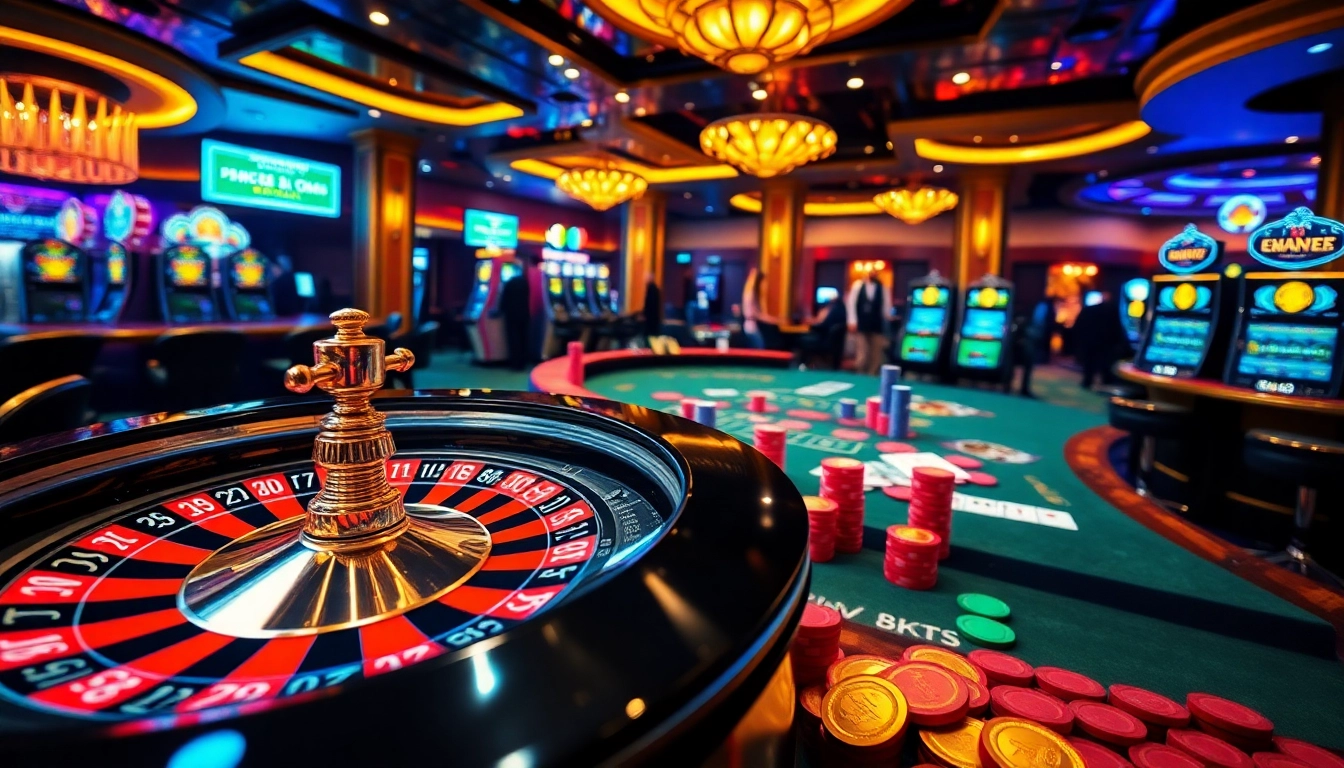 Experience the thrill of gambling at https://8kkbet.com/ with a vibrant casino scene showcasing roulette and poker.